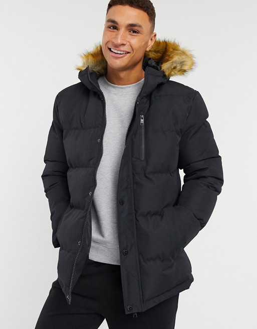 Threadbare quilted parka with faux fur hood and fleece lining in black