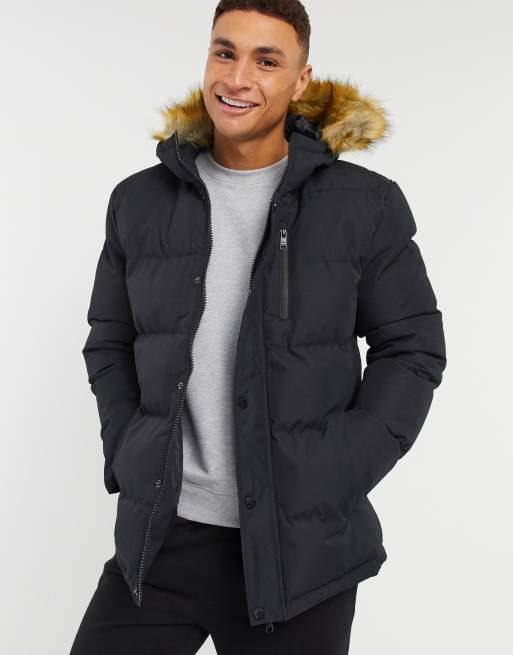 Men's Black Faux Fur Trim Hooded Padded Parka Jacket – Threadbare