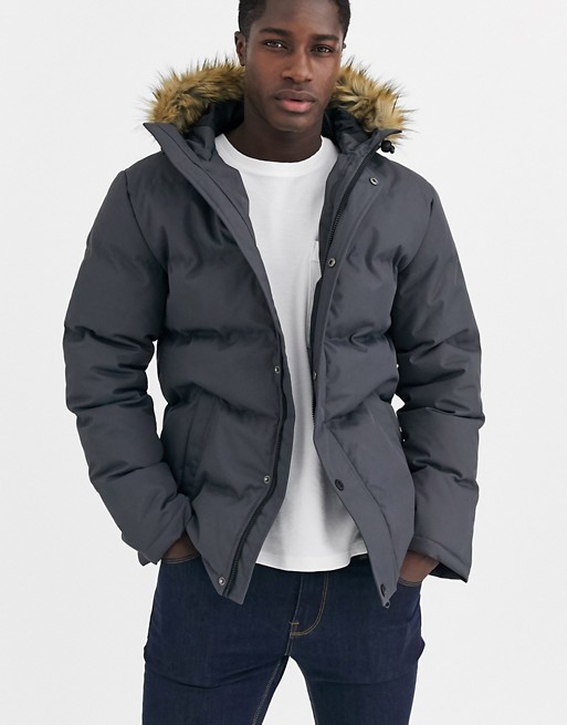 Threadbare quilted parka with faux fur hood in grey