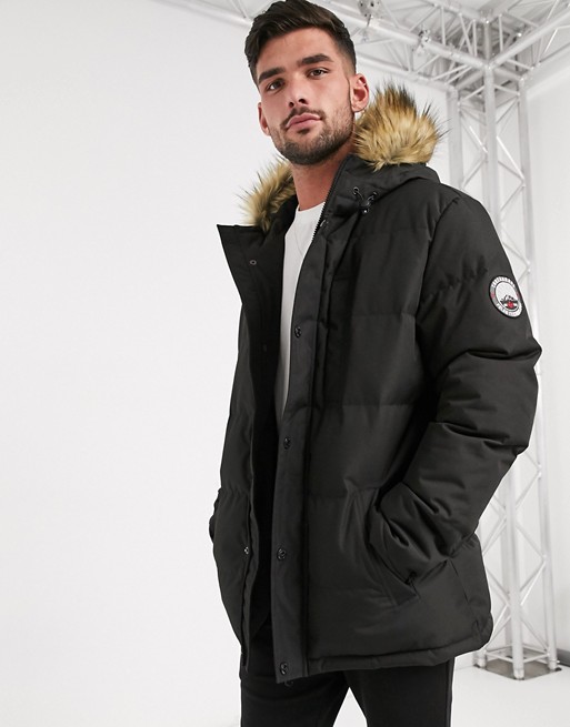 Threadbare quilted parka with faux fur lined hood in black