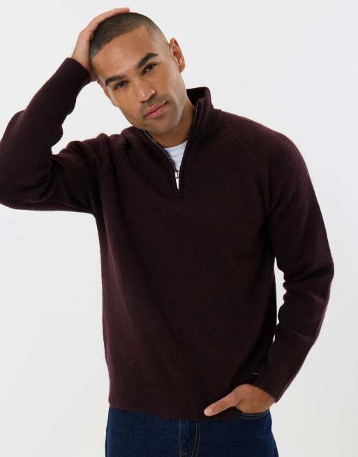 Threadbare Raglan rib quarter zip knitted jumper in burgundy, 2 of 5