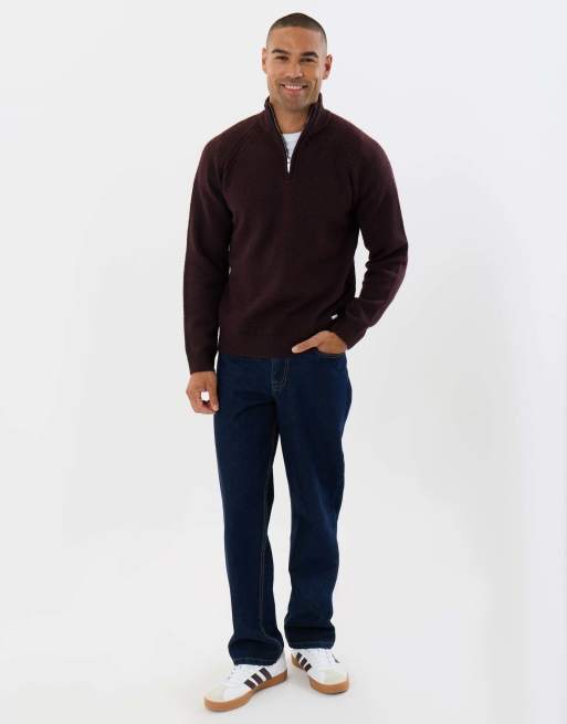 Threadbare Raglan rib quarter zip knitted jumper in burgundy, 3 of 5