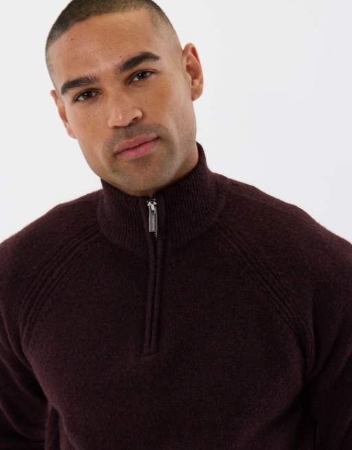 Threadbare Raglan rib quarter zip knitted jumper in burgundy, 5 of 5