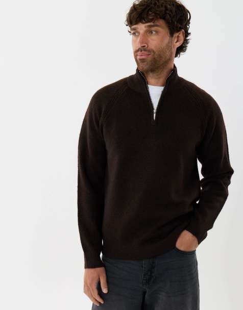 Threadbare Raglan rib quarter zip knitted jumper in chocolate brown - view 1