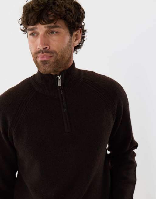 Threadbare Raglan rib quarter zip knitted jumper in chocolate brown, 3 of 4