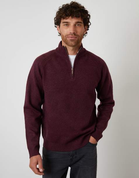 Threadbare Raglan rib quarter zip knitted jumper in maroon - view 1