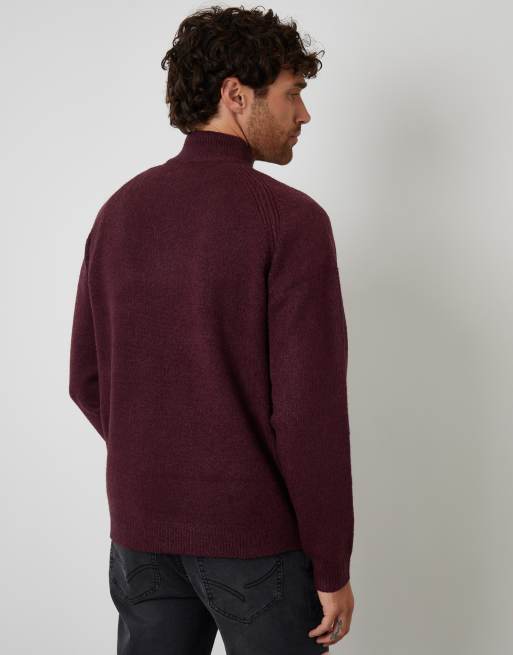 Threadbare Raglan rib quarter zip knitted jumper in maroon