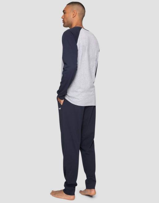 Threadbare Raglan sleeve pyjama set in grey marl & navy, 2 of 5