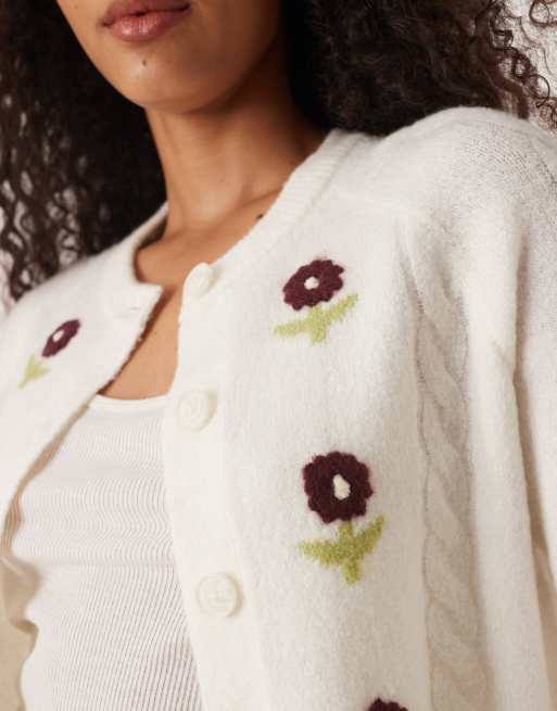 Threadbare - Råhvid cardigan med rund hals og blomsterbroderinger, 3 af 4