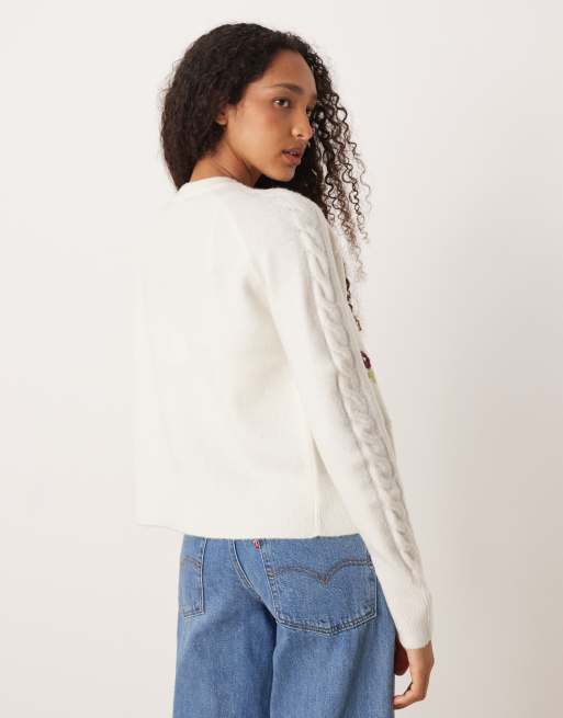 Threadbare - Råhvid cardigan med rund hals og blomsterbroderinger, 4 af 4