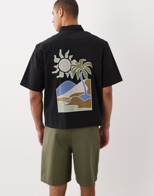 Threadbare - Recht overhemd van 100% katoen met korte mouwen en grafische zonprint in zwart, 2 van 5