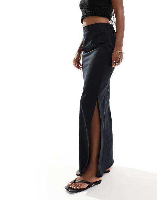 Threadbare - Rechte maxi rok van linnenmix in zwart