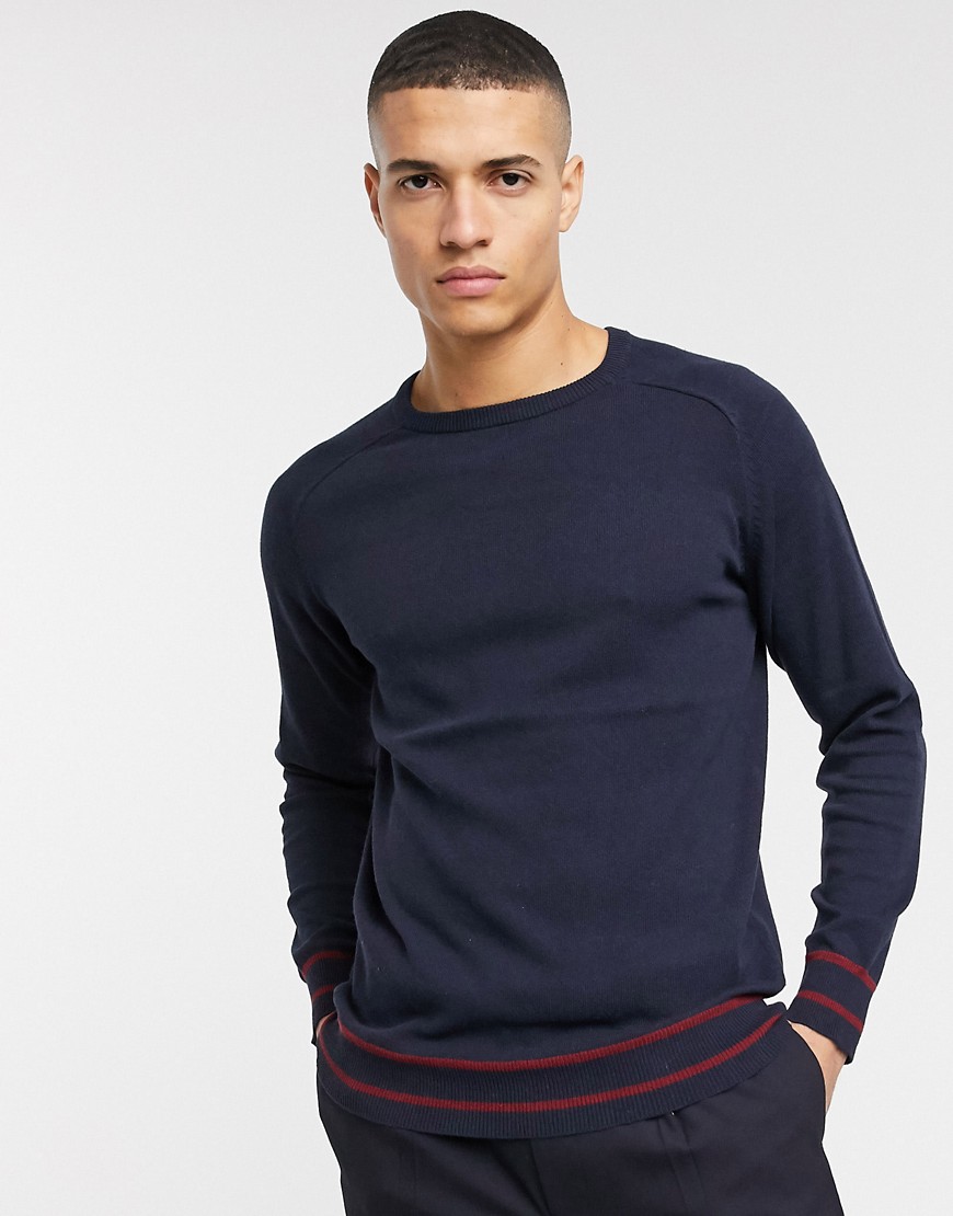 Threadbare recycled cotton knitted jumper with striped cuff in navy