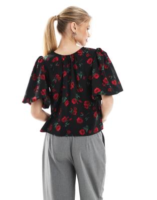 Threadbare Red Floral Puff Sleeve Blouse In Black