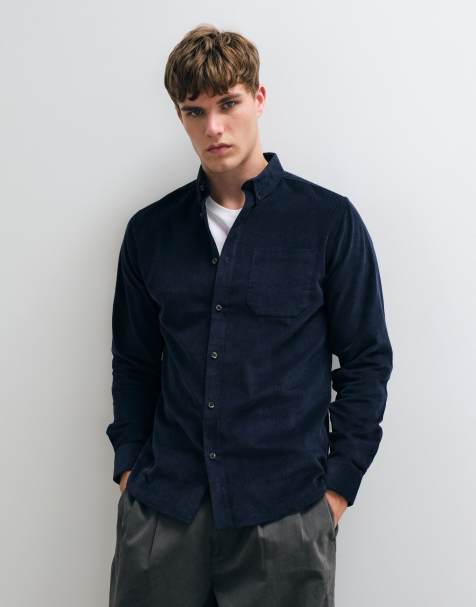 Threadbare regular fit micro cord shirt in navy - view 1