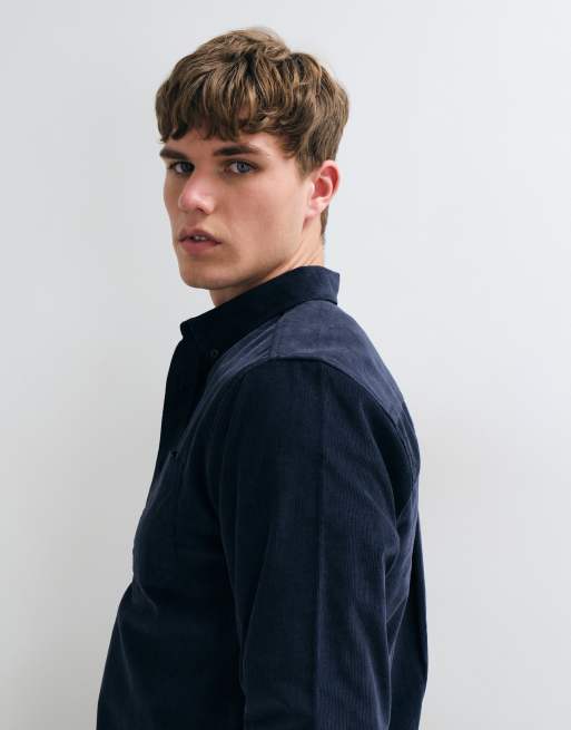 Threadbare regular fit micro cord shirt in navy, 4 of 5