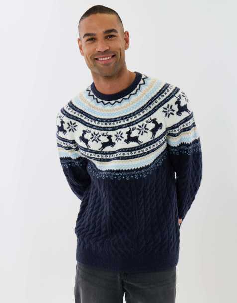 Threadbare Reindeer fairisle cable knit christmas jumper in navy in navy - view 1