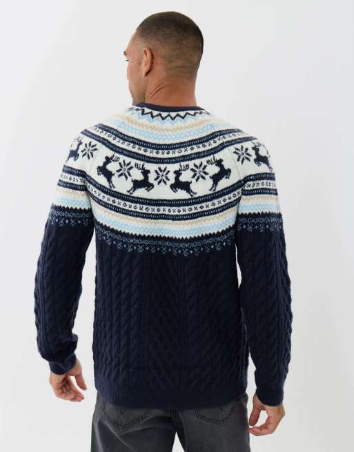 Threadbare Reindeer fairisle cable knit christmas jumper in navy in navy, 2 of 4