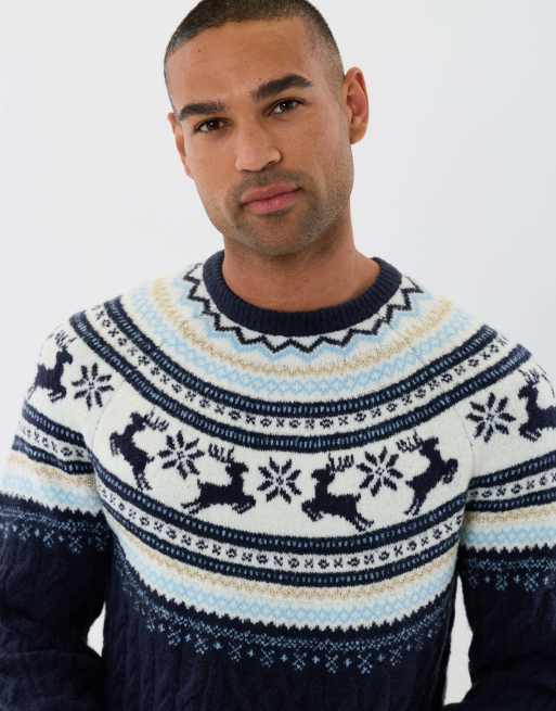 Threadbare Reindeer fairisle cable knit christmas jumper in navy in navy, 3 of 4