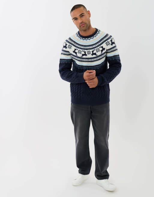 Threadbare Reindeer fairisle cable knit christmas jumper in navy in navy, 4 of 4