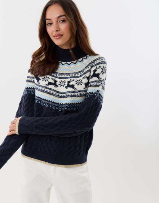 Threadbare Reindeer fairisle cable knit christmas jumper in navy, 2 of 5