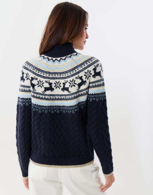Threadbare Reindeer fairisle cable knit christmas jumper in navy, 3 of 5