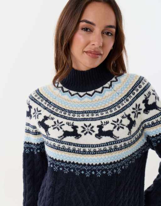 Threadbare Reindeer fairisle cable knit christmas jumper in navy, 4 of 5