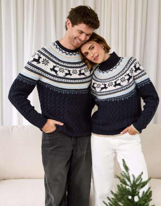 Threadbare Reindeer fairisle cable knit christmas jumper in navy, 5 of 5