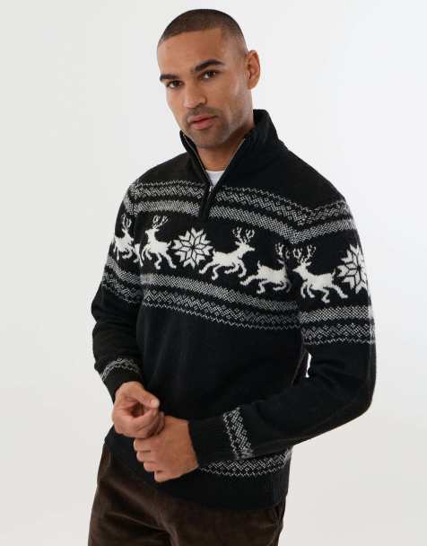 Threadbare Reindeer fairisle christmas jumper in black - view 1