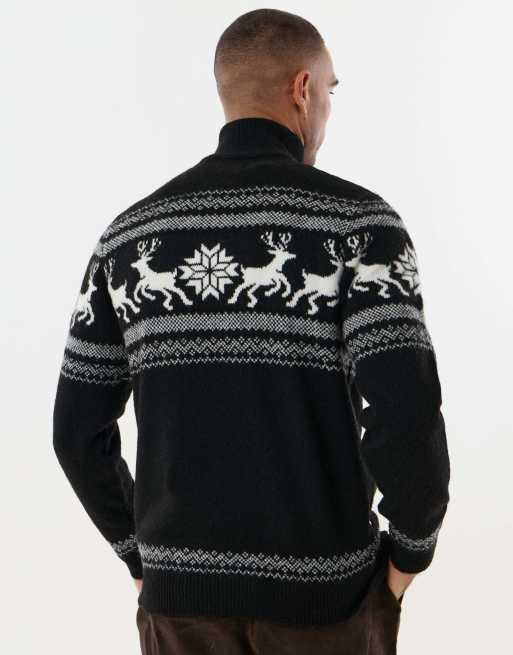 Threadbare Reindeer fairisle christmas jumper in black, 2 of 4