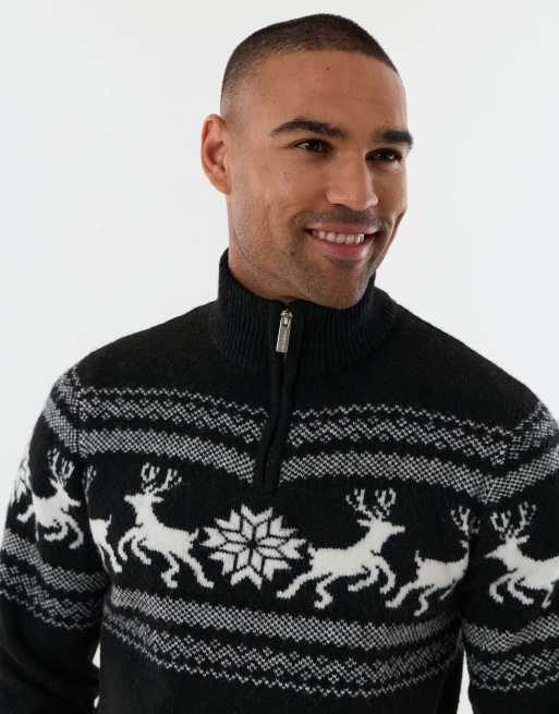 Threadbare Reindeer fairisle christmas jumper in black, 3 of 4