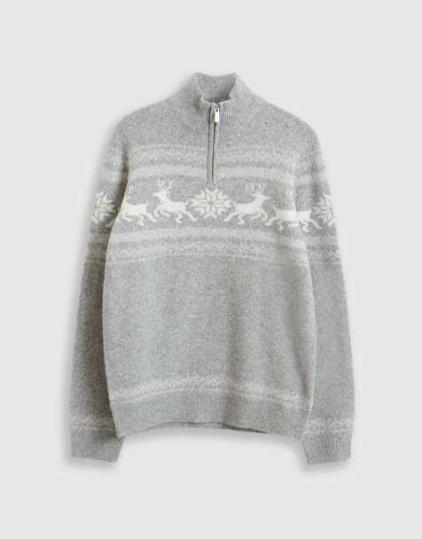 Threadbare Reindeer fairisle christmas jumper in grey - view 1