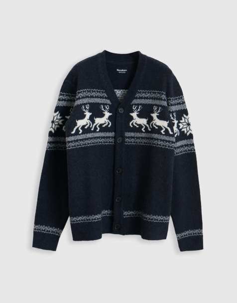 Threadbare Reindeer fairisle v neck christmas cardigan in navy - view 1