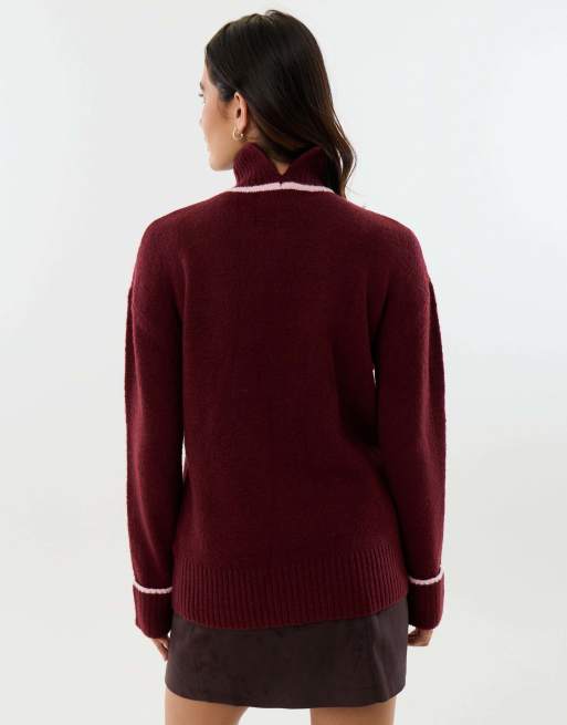 Threadbare Relaxed fit contrast trim funnel neck jumper in burgundy, 2 of 4