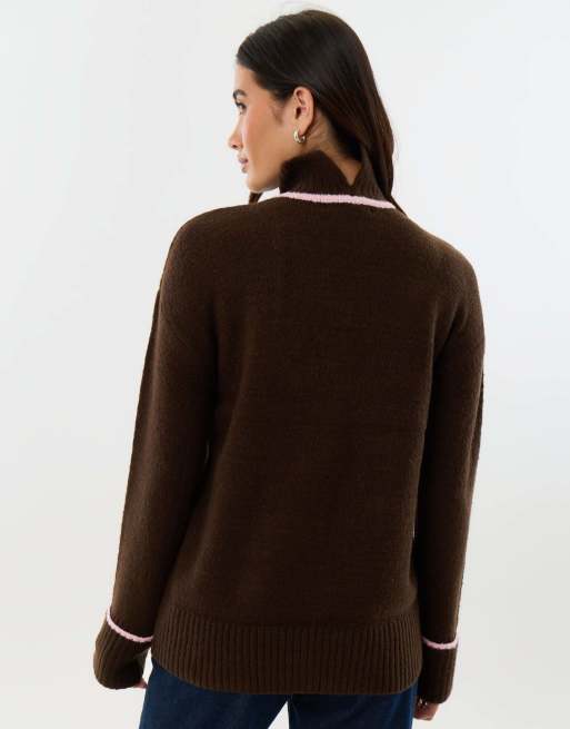 Threadbare Relaxed fit contrast trim funnel neck jumper in chocolate ...
