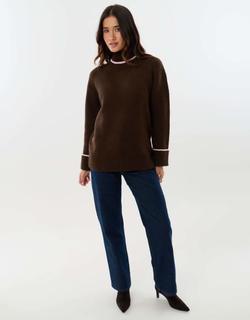 Threadbare Relaxed fit contrast trim funnel neck jumper in chocolate brown, 4 of 5