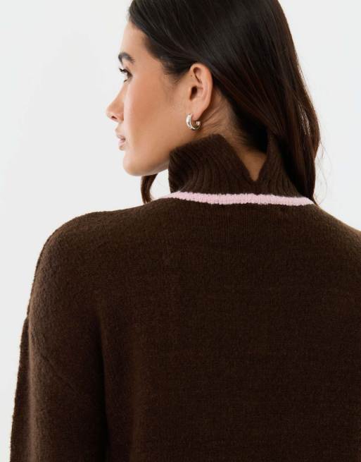 Threadbare Relaxed fit contrast trim funnel neck jumper in chocolate ...