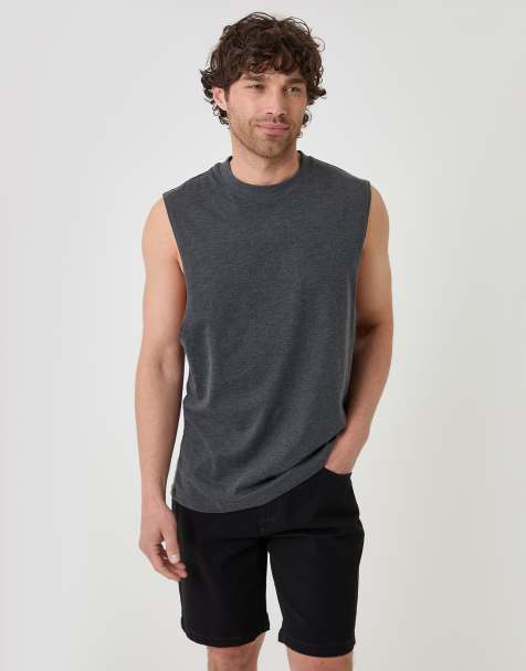Threadbare Relaxed fit cotton crew neck vest in charcoal - view 1