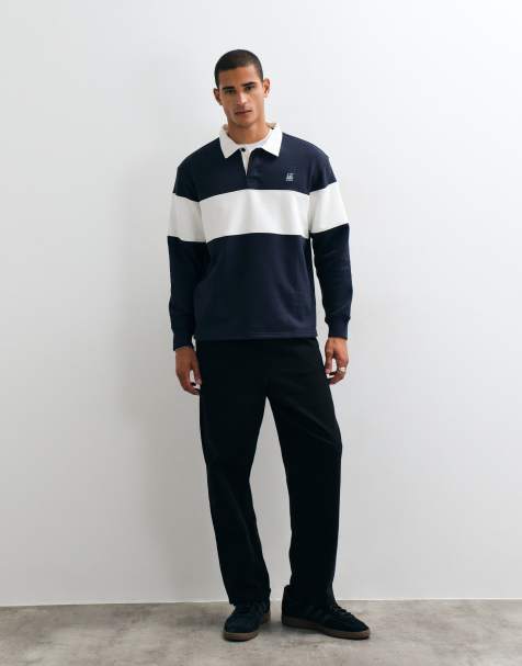 Threadbare Relaxed Fit Cotton Rich Rugby Polo in Navy & Ecru Stripe - view 1