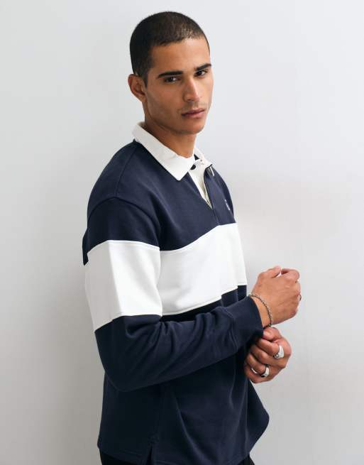 Threadbare Relaxed Fit Cotton Rich Rugby Polo in Navy & Ecru Stripe, 4 of 5