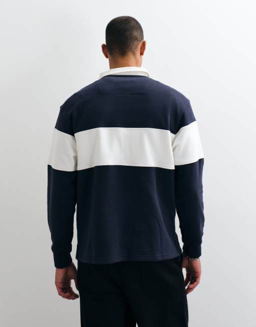 Threadbare Relaxed Fit Cotton Rich Rugby Polo in Navy & Ecru Stripe, 5 of 5