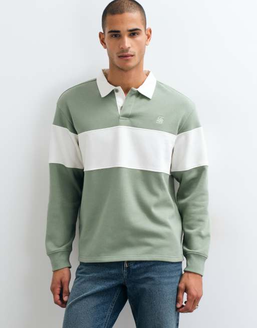 Threadbare Relaxed Fit Cotton Rich Rugby Polo in Sage & Ecru Stripe, 2 of 5