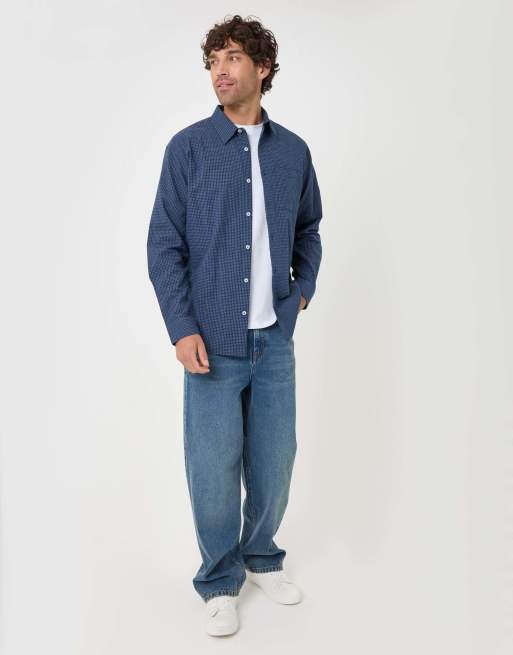 Threadbare Relaxed fit cotton seersucker shirt in navy, 3 of 5