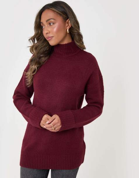 Threadbare Relaxed fit funnel neck jumper in burgundy - view 1