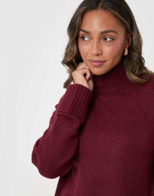 Threadbare Relaxed fit funnel neck jumper in burgundy, 3 of 5