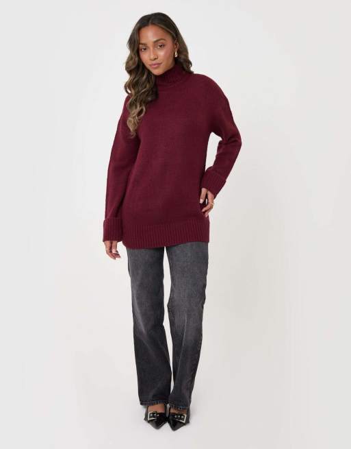 Threadbare Relaxed fit funnel neck jumper in burgundy, 4 of 5