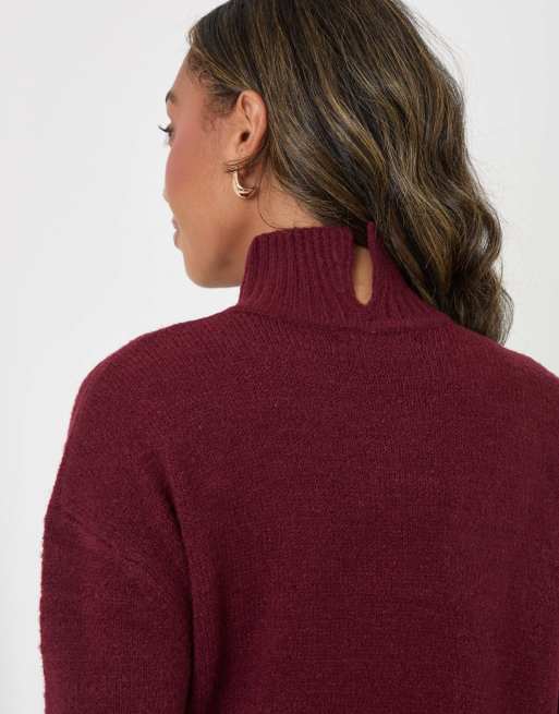 Threadbare Relaxed fit funnel neck jumper in burgundy, 5 of 5
