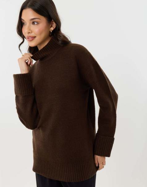 Threadbare Relaxed fit funnel neck jumper in chocolate brown - view 1