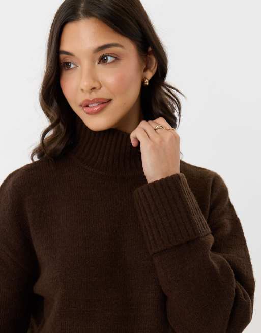 Threadbare Relaxed fit funnel neck jumper in chocolate brown, 4 of 5