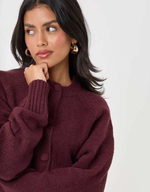 Threadbare Relaxed fit knitted cardigan in plum, 3 of 5